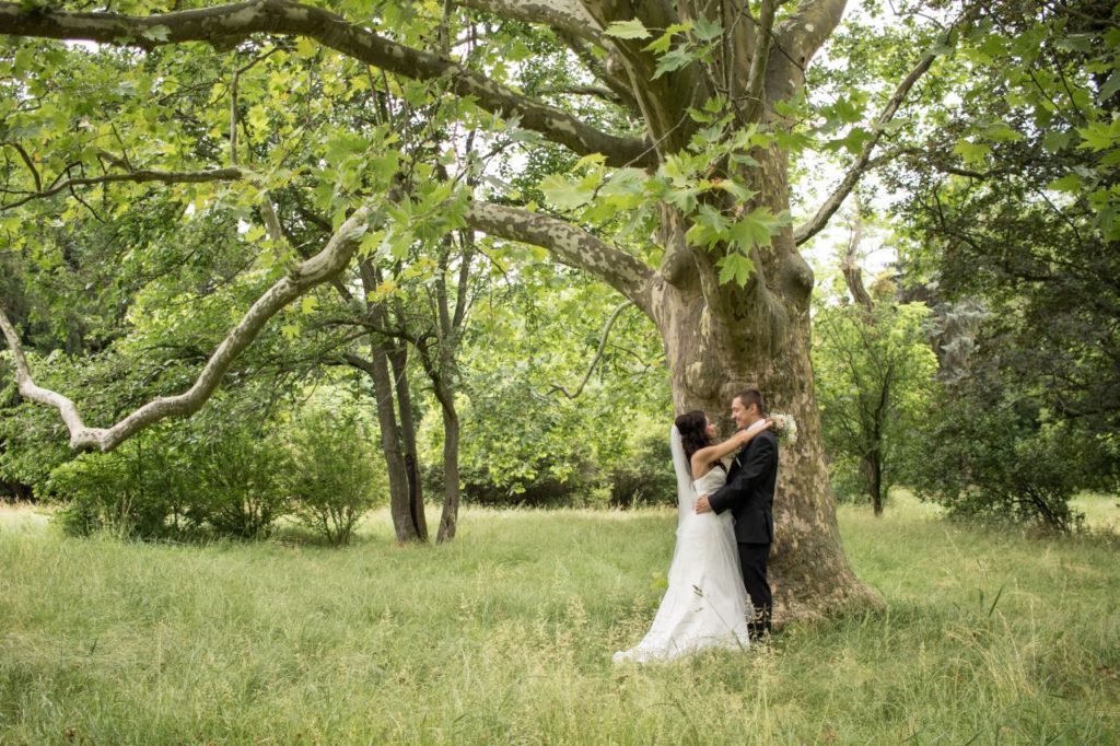 Ženích s nevestou pod stromom v areáli opusteného kaštiela v Malinove